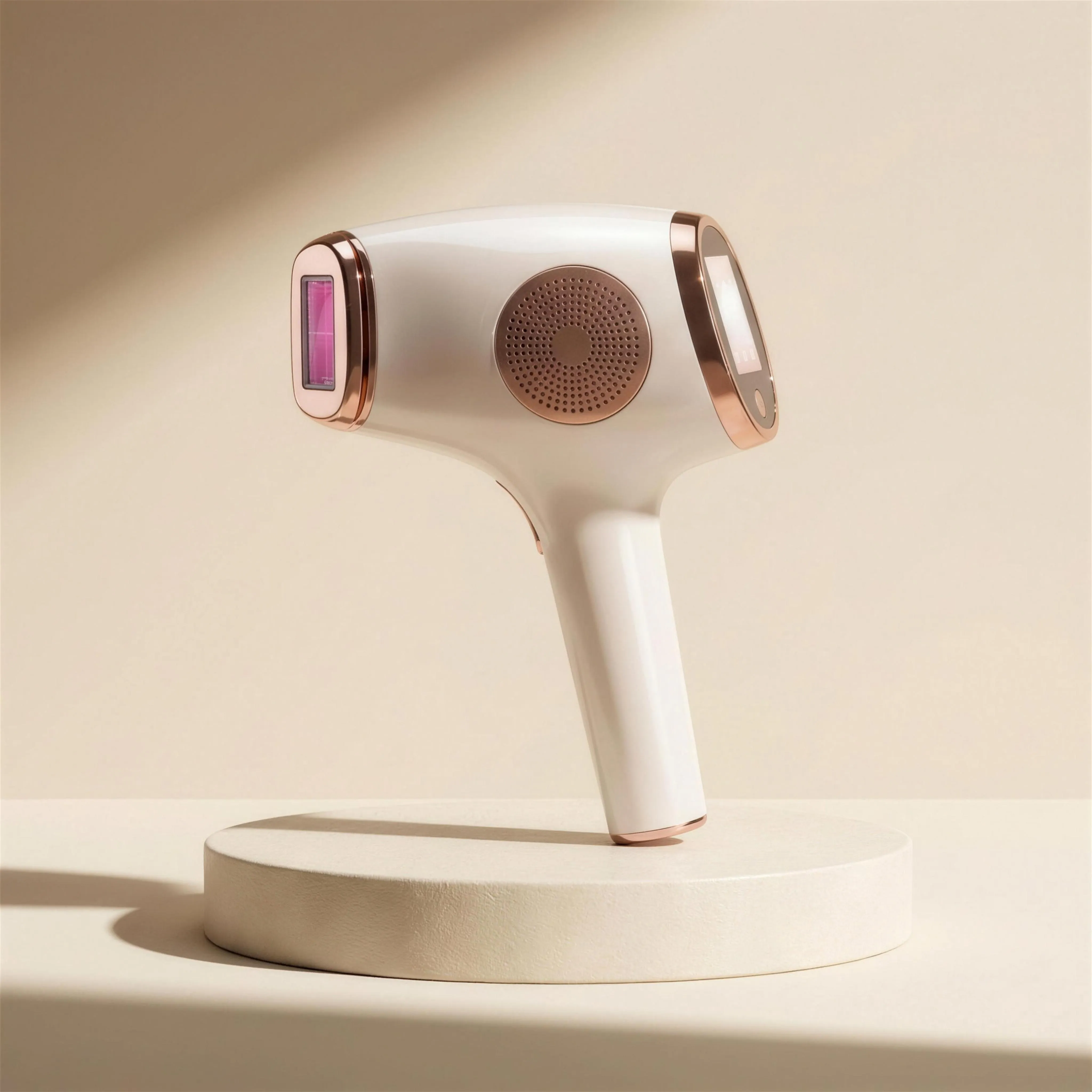The DYZOR IPL handset displayed on an ivory stone plinth