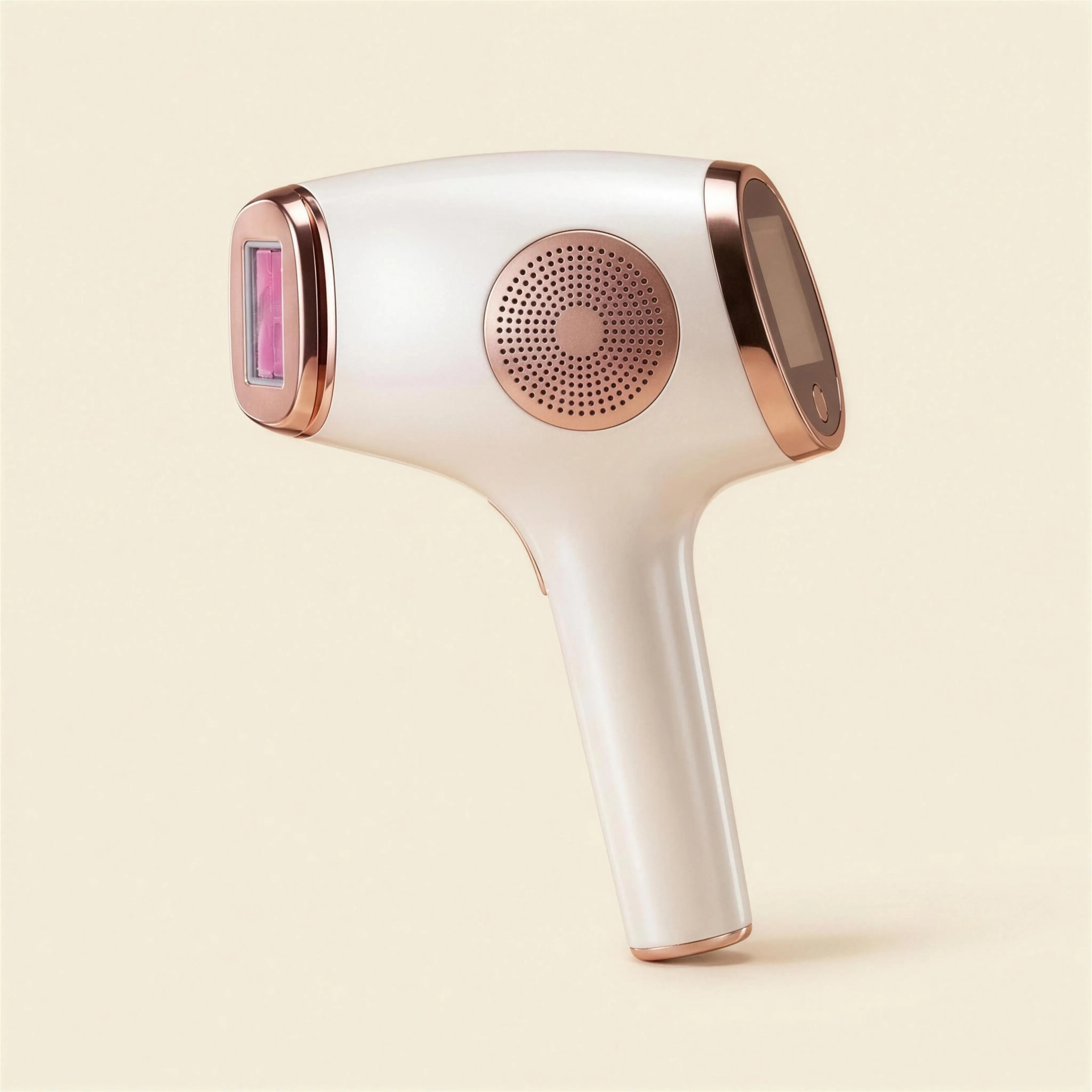 DYZOR IPL hair removal handset, front three-quarter view on ivory