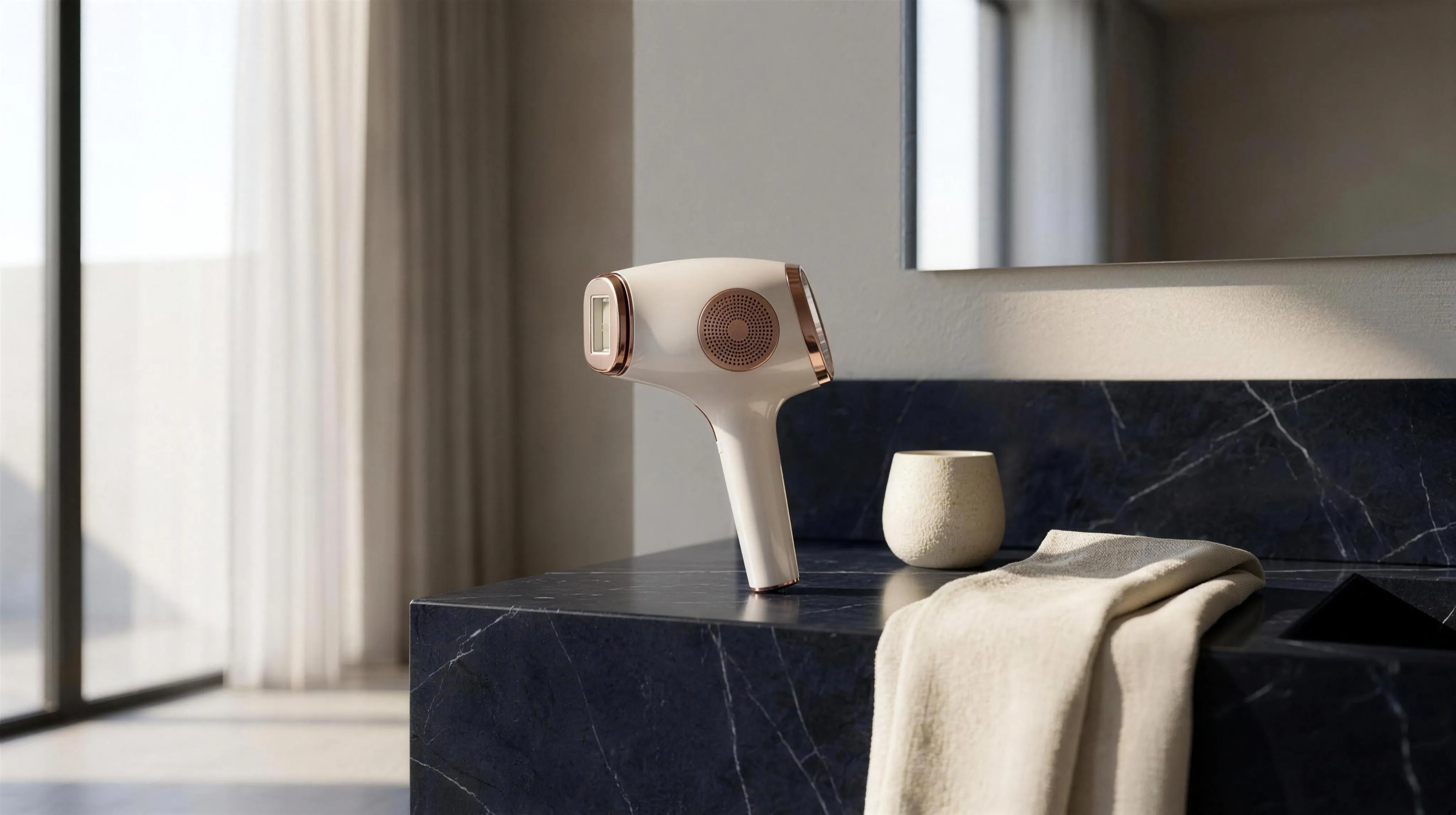 The DYZOR handset on a navy marble bathroom vanity