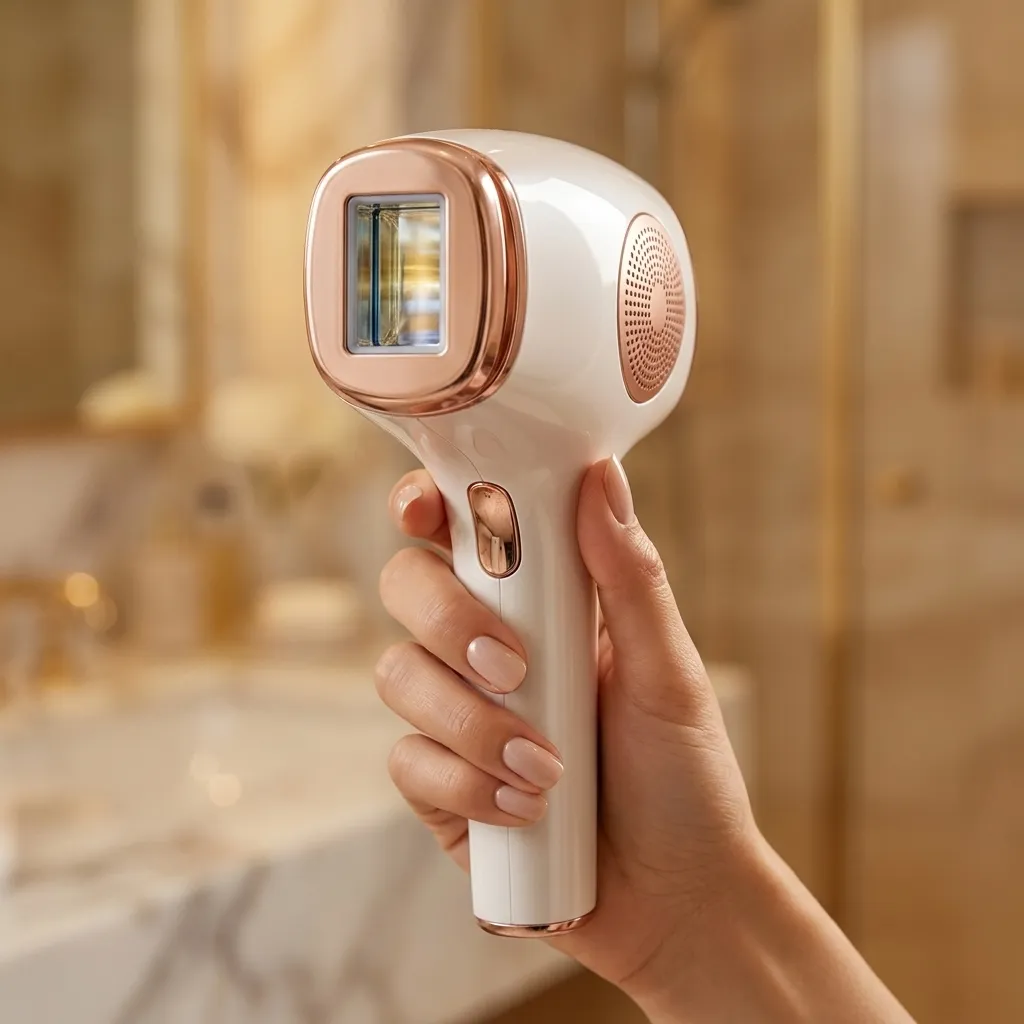 A woman's hand holding the DYZOR IPL handset