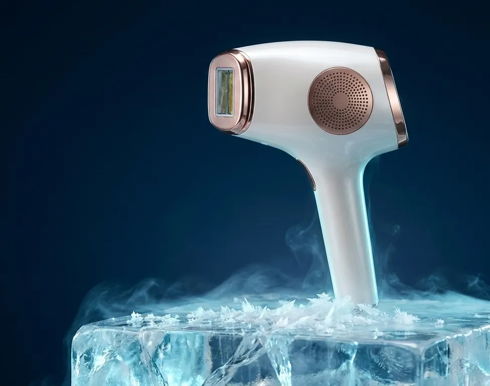 The DYZOR handset standing on a slab of clear ice, surrounded by frost and cold vapour